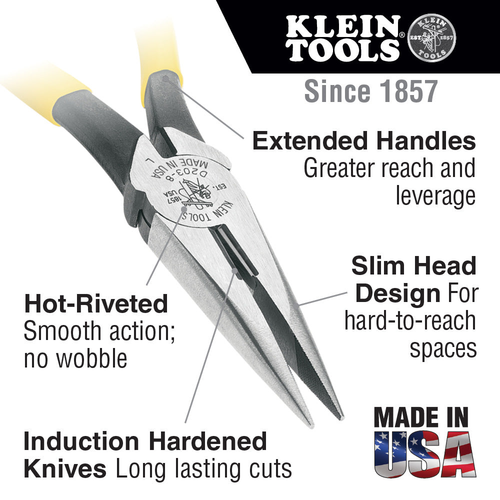Klein Tools D203-7C Pliers, Long Nose Side-Cutters with Spring, 7-Inch Supply