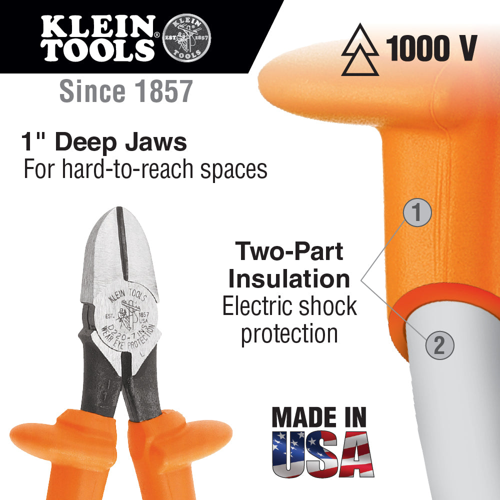 Klein Tools D220-7-INS Insulated Pliers, Diagonal Cutters, 7-Inch on Sale