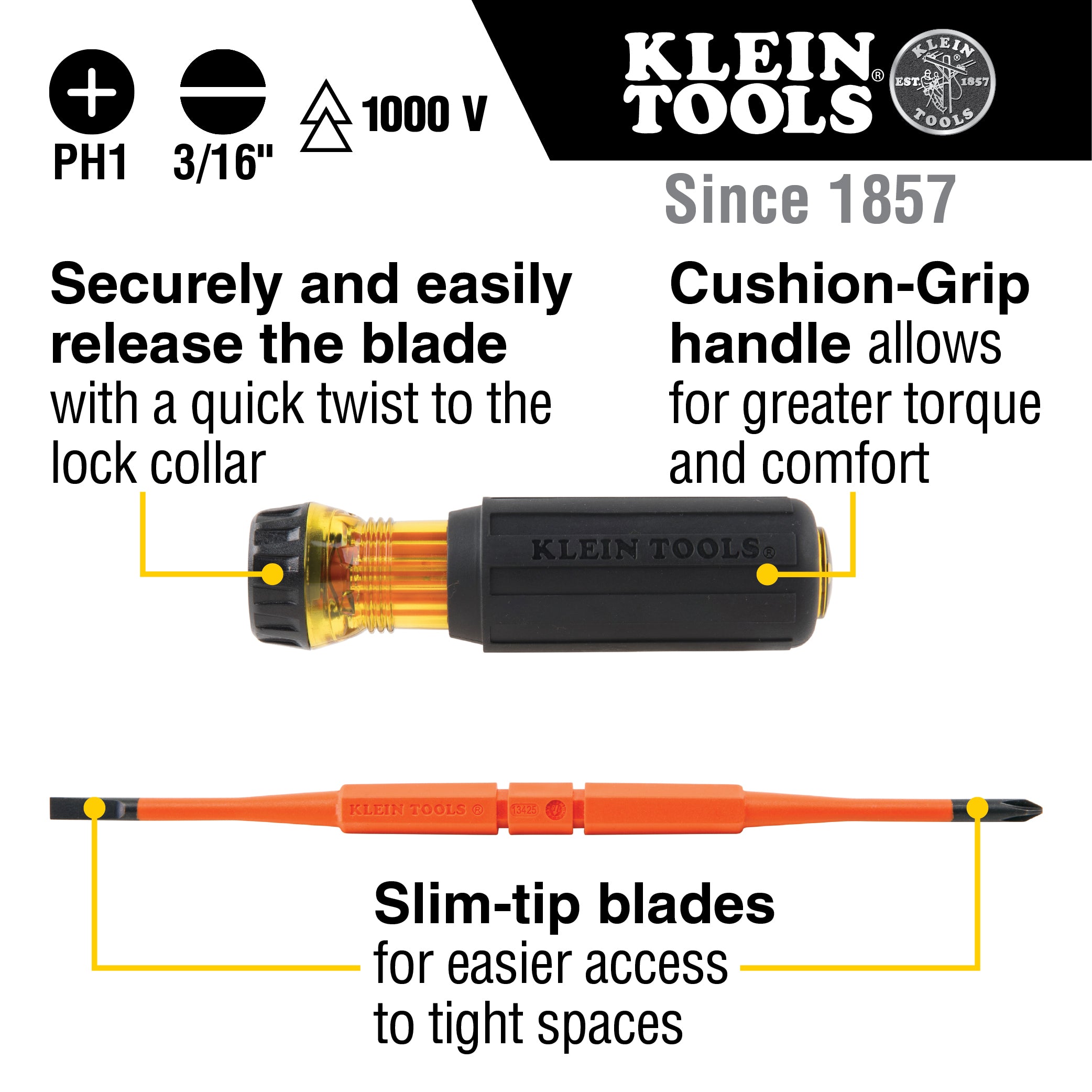 Klein Tools Flip-Blade Insulated Screwdriver, 2-in1, Ph Bit #1, Sl Bit 3/16-Inch, 32286 Supply