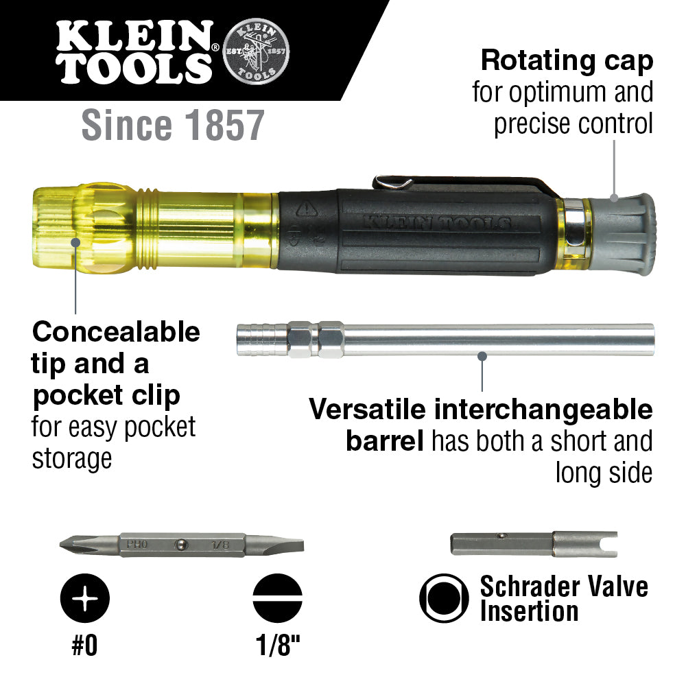 Klein Tools HVAC Pocket Screwdriver, 3-in-1, Phillips, Slotted, Schrader Bits, 32613 Fashion