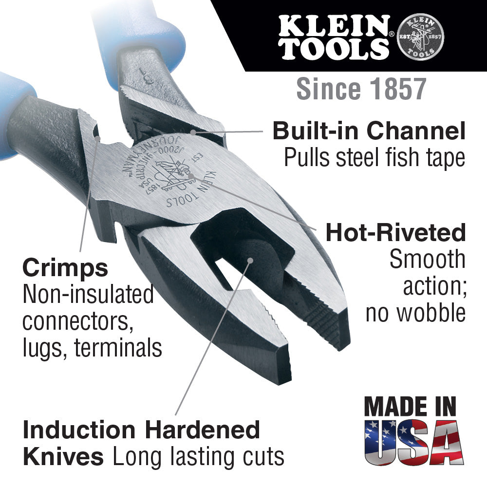 Klein Tools J2000-9NECRTP Lineman’s Pliers, Fish Tape Pull/Crimping, 9-Inch Supply