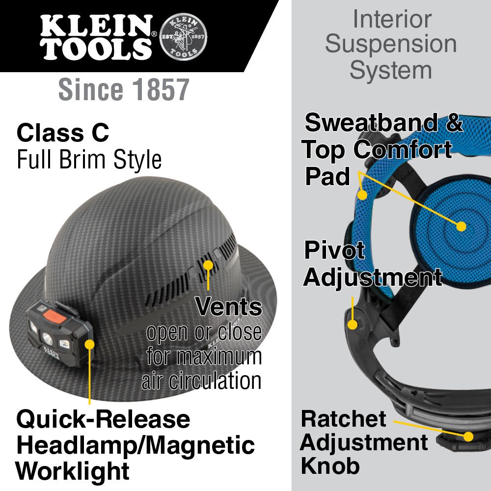Klein Tools Hard Hat, Premium KARBN, Vented Full Brim, Class C with Headlamp Online