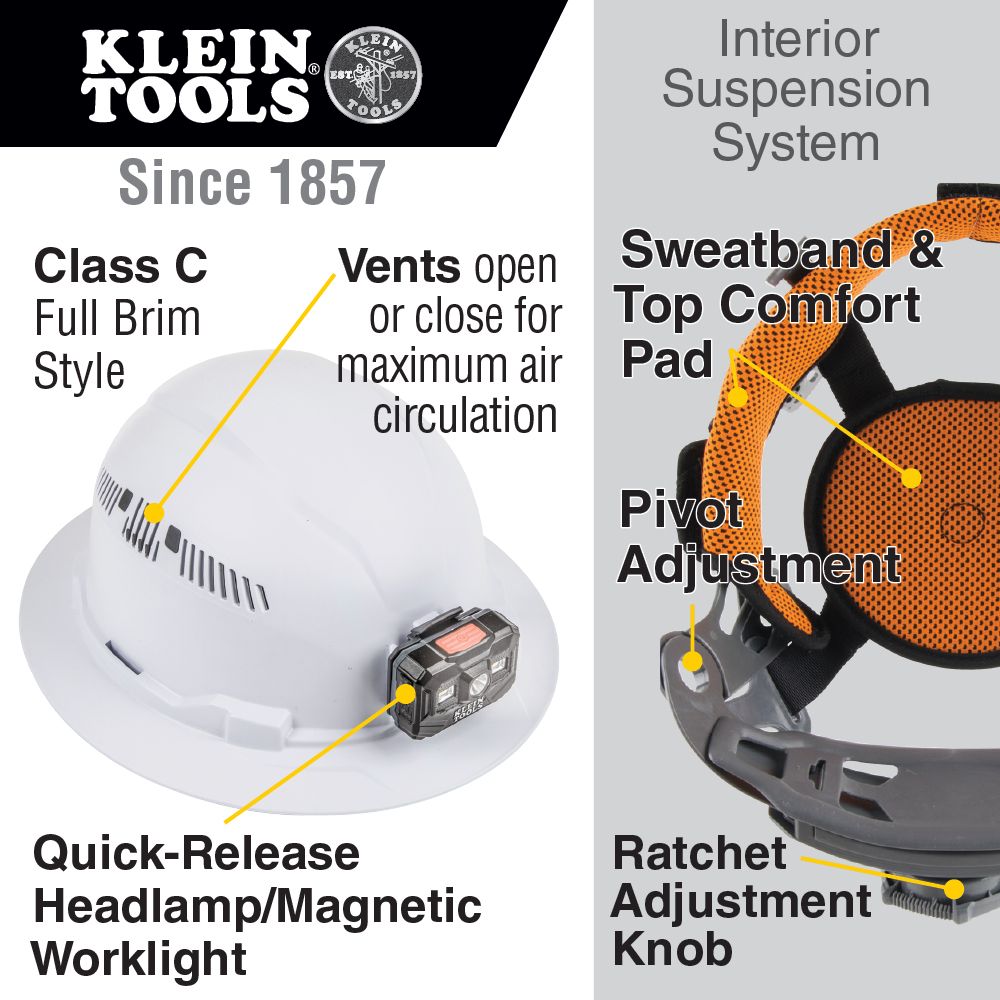 Klein Tools Hard Hat, Vented, Full Brim with Rechargeable Headlamp, White, 60407RL Online Hot Sale