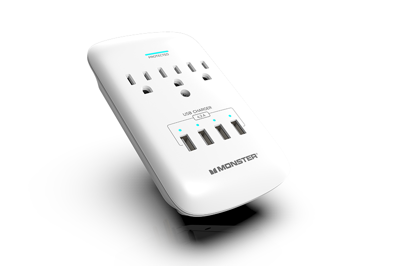Monster Power Wall Tap Surge Protector, 3 AC, 4 USB (4.2amp), 980J, Fireproof MOV Supply