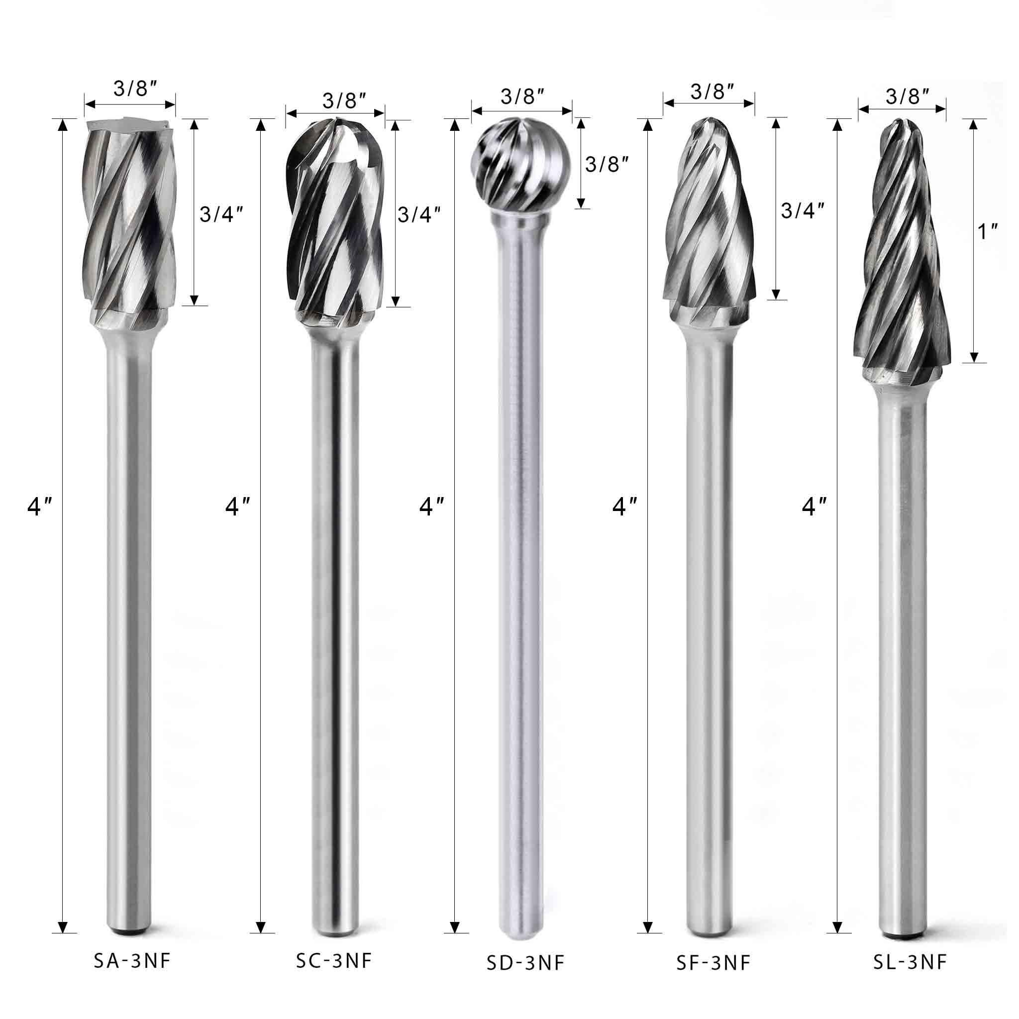 Carbide Burrs Set ALUMIN Range 4-1/3 Inch Long 1/4 Shank, 5Pcs Supply