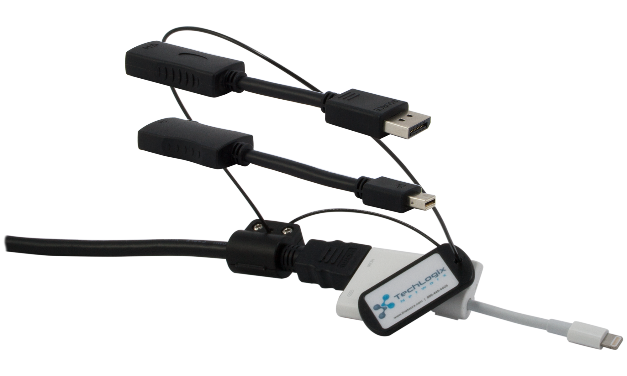 Techlogix Networx TL-SMPC-010 6′ HDMI cable with attached DisplayPort, mini-DisplayPort & Lightning adapter (4K compatible) Supply
