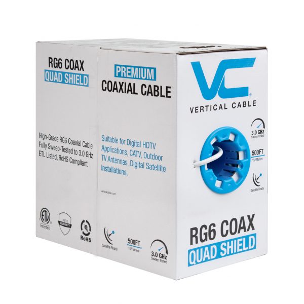 Vertical Cable 107-1955WH6Q500 500ft RG6 Quad Shield Coaxial Cable – White Supply