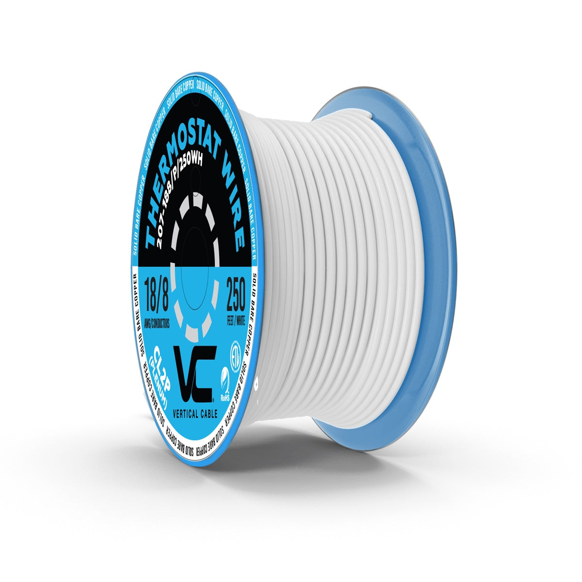 Vertical Cable Thermostat Wire, Solid Bare Copper, 18/8, CL2P, ETL, PVC Jacket, White, 250ft Spool Discount
