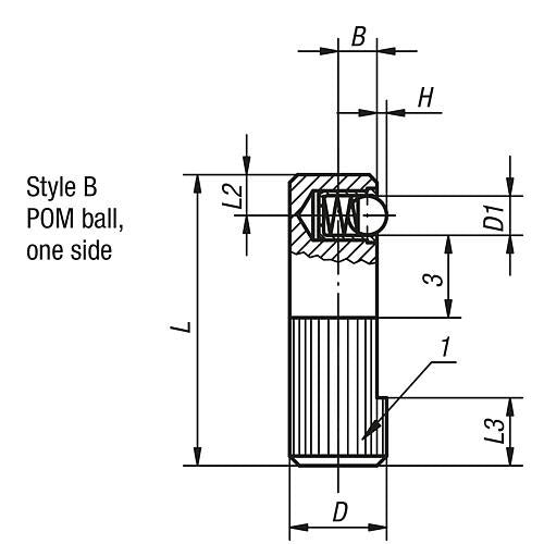 KIPP K0374.108 LATERAL SPRING PLUNGER SPRING FORCE, SINGLE SIDED, D=8 L=25, FORM:B, FREE-CUTTING STEEL, COMP:POLYACETAL Sale